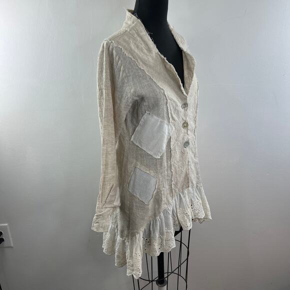 Blu Betty Beige Linen Shirt Dress Button Front Stand-Up Collar Ruffle Hem M? - Picture 5 of 9